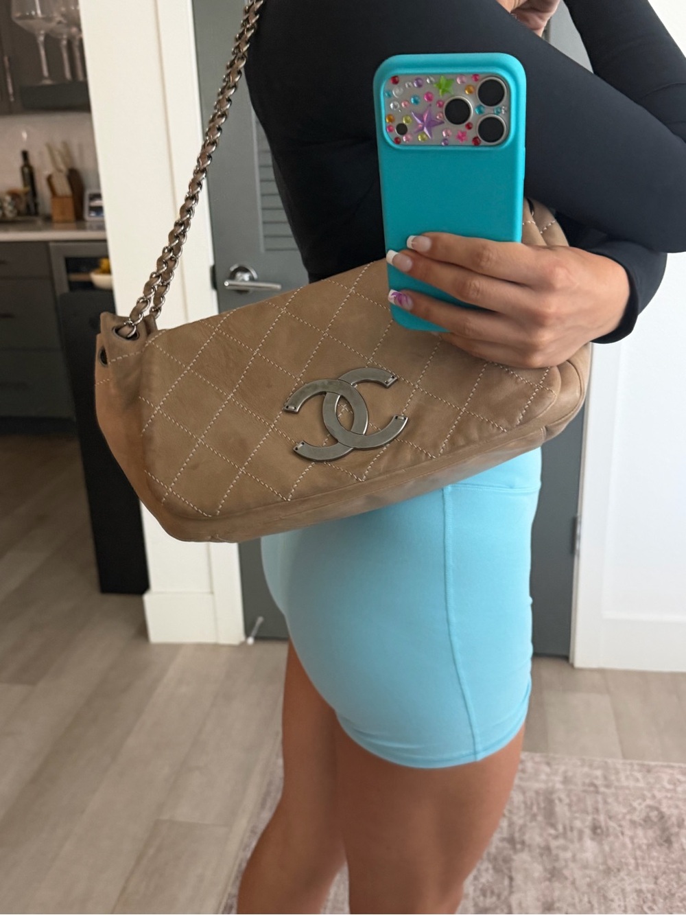 CHANEL Quilted Shoulder Bag in Camel with Silver Hardware
